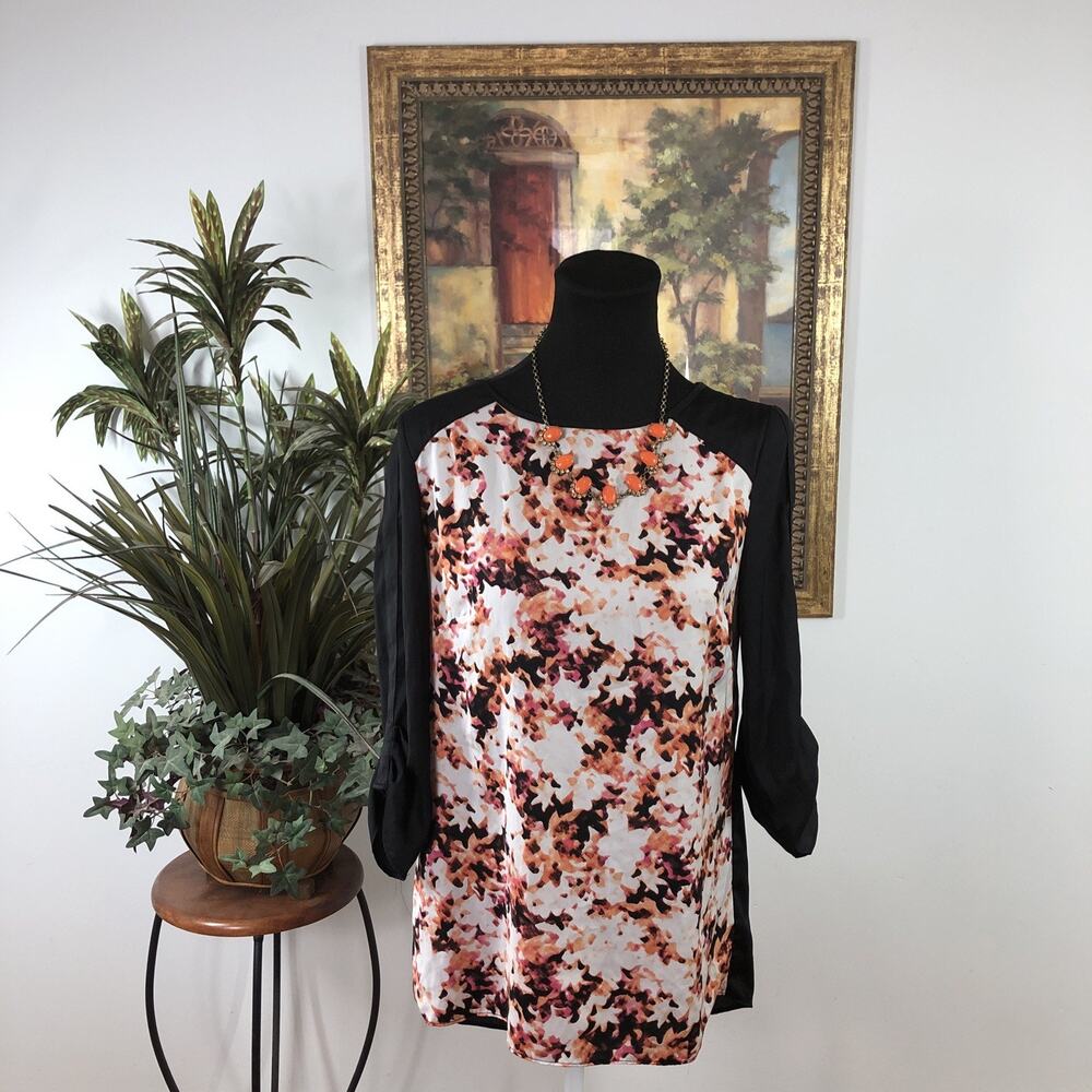 APT.9 Women’s Small Blouse Top 3/4 Roll Tab Sleeve Floral Print Black Colorblock